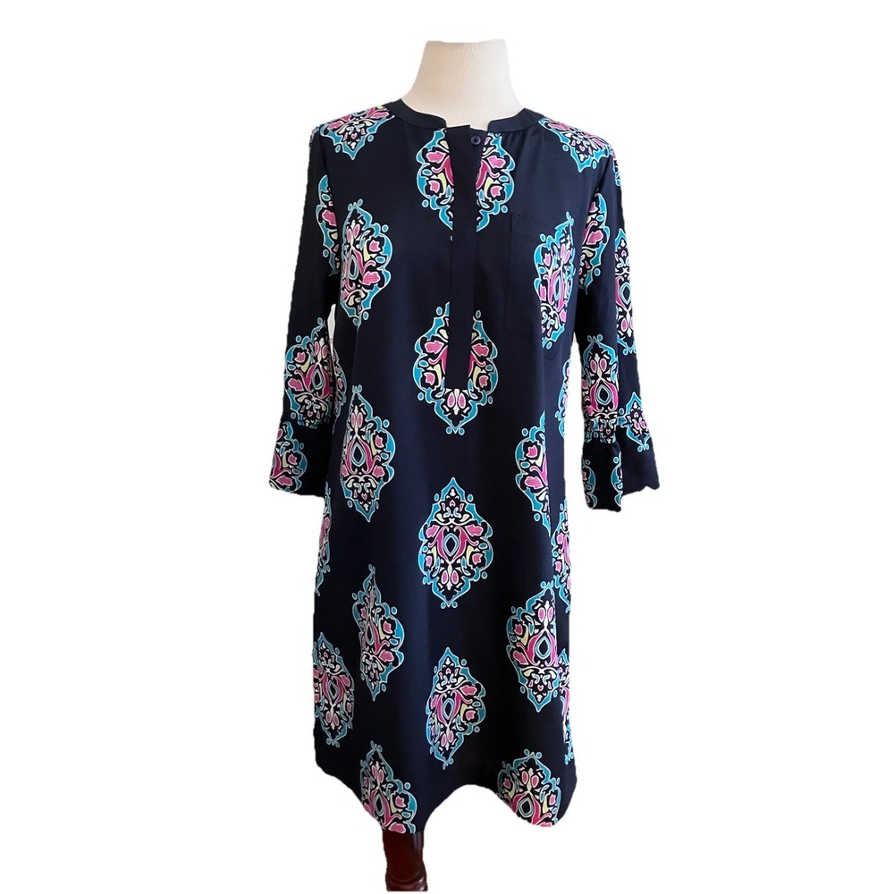 Crown and Ivy Dress Sz 8 Black geometric sheath 3/4 Sleeve boho‎